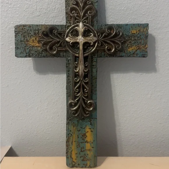 Cross Wall Decor Painted Teal w/ Silver Emblem and Brushed Gold - Picture 6 of 6
